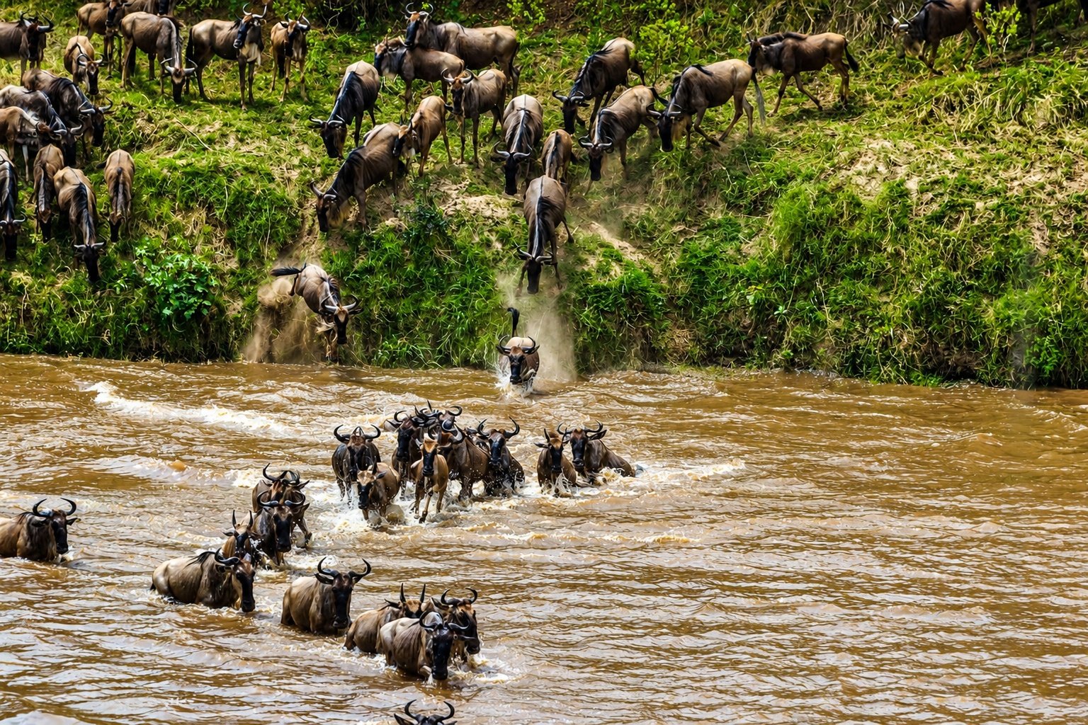 Wildebeest leaping into the churning waters of the Mara River, crocodiles visible, dramatic action shot with water spray